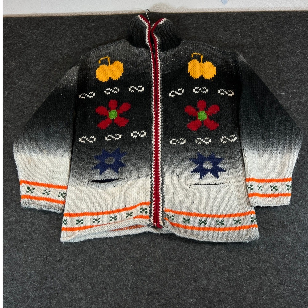 Vintage 90s Hand Knit Wool Cardigan Ombre Folk Art Zip Up Sweater Womens XL